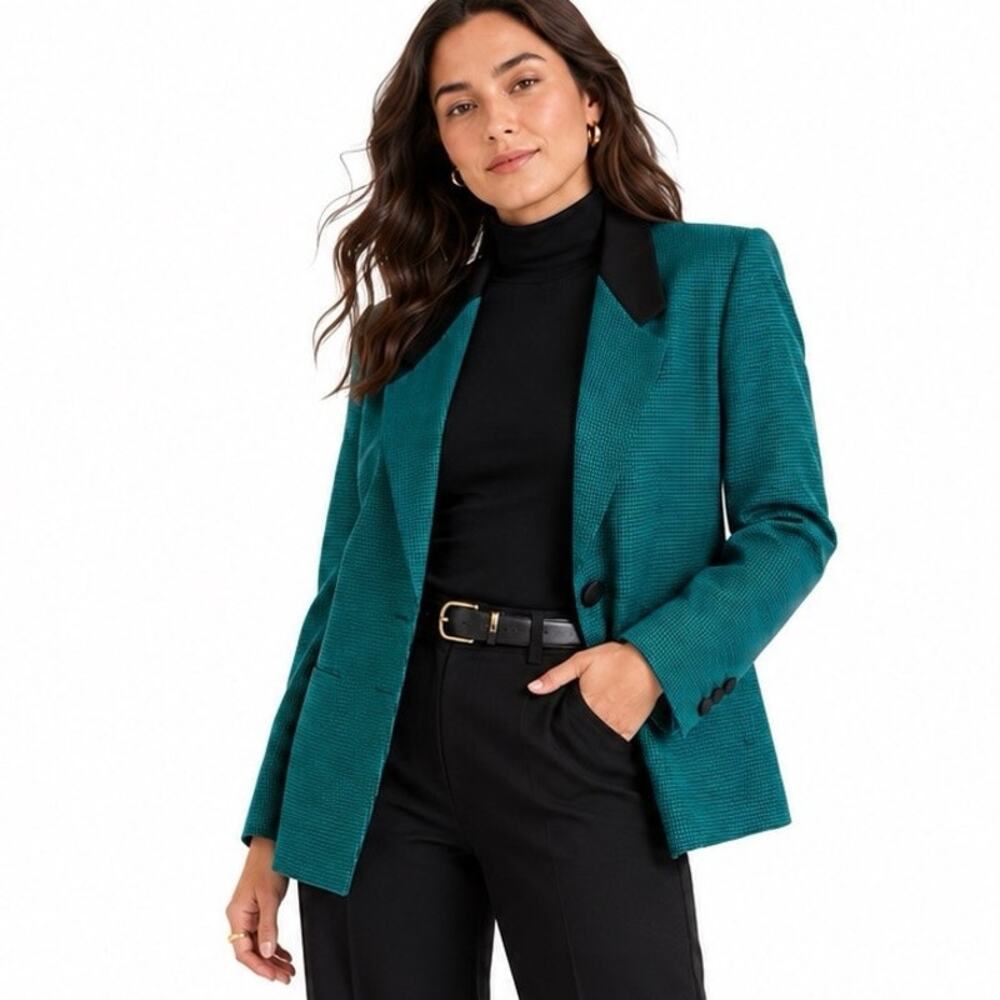 Vintage Stirling Cooper Petite Teal Black Houndstooth Blazer Jacket Size 8